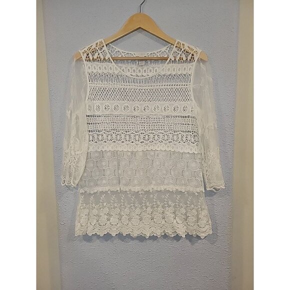 CHICO'S White Lace Tunic Top Blouse 3/4 Sleeves Scalloped Hem Size 1 small - Picture 1 of 7